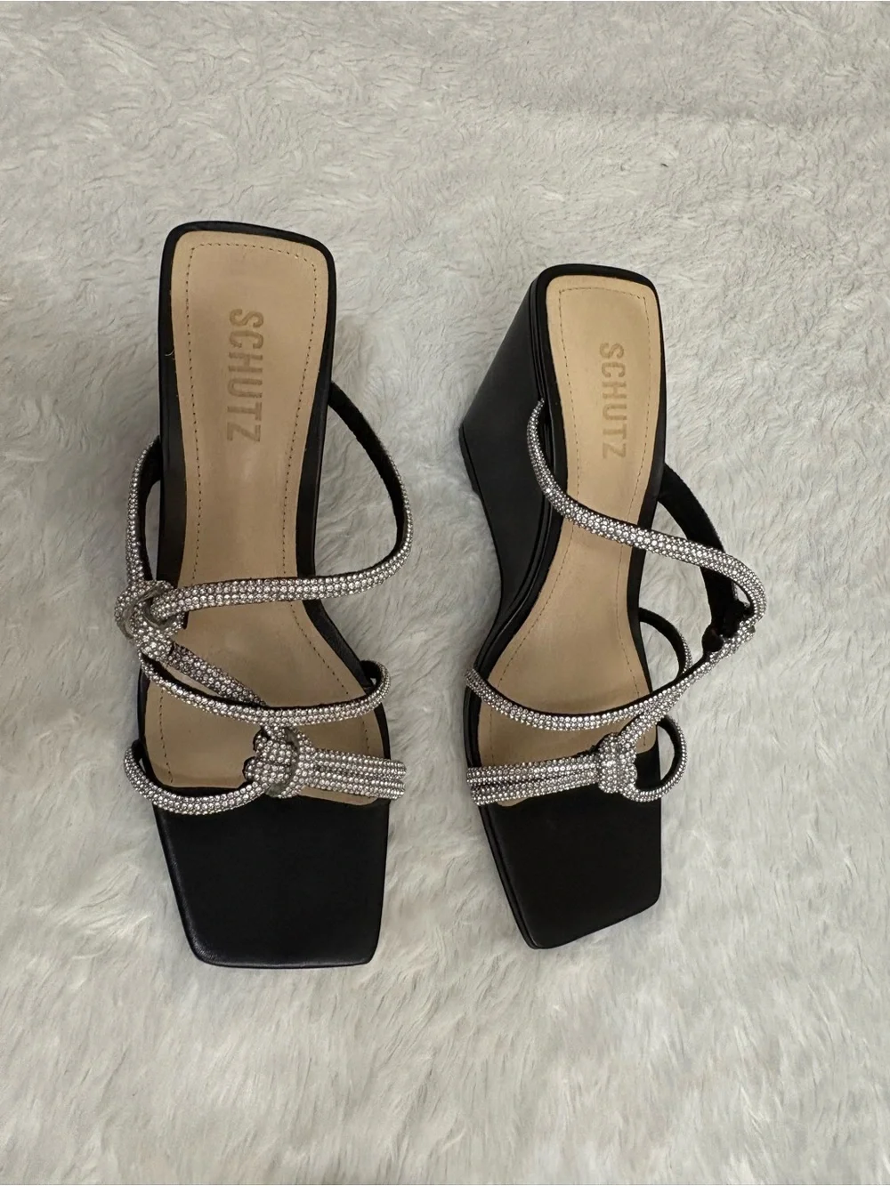 SCHUTZ Black Wedge Sandals with Silver Rhinestone Knot Straps